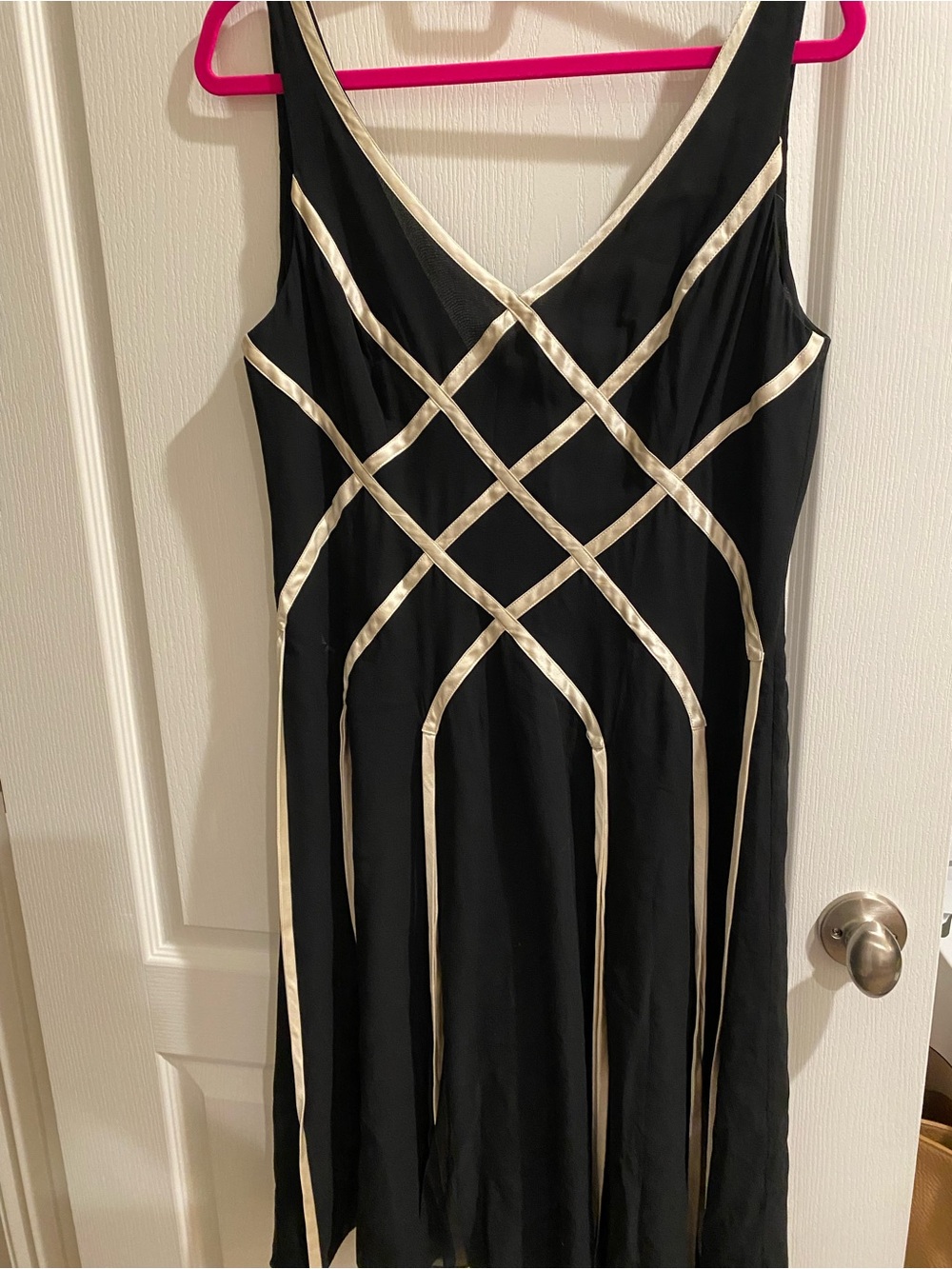 Adrianna Papell Black Midi Dress with Cream Lattice Trim